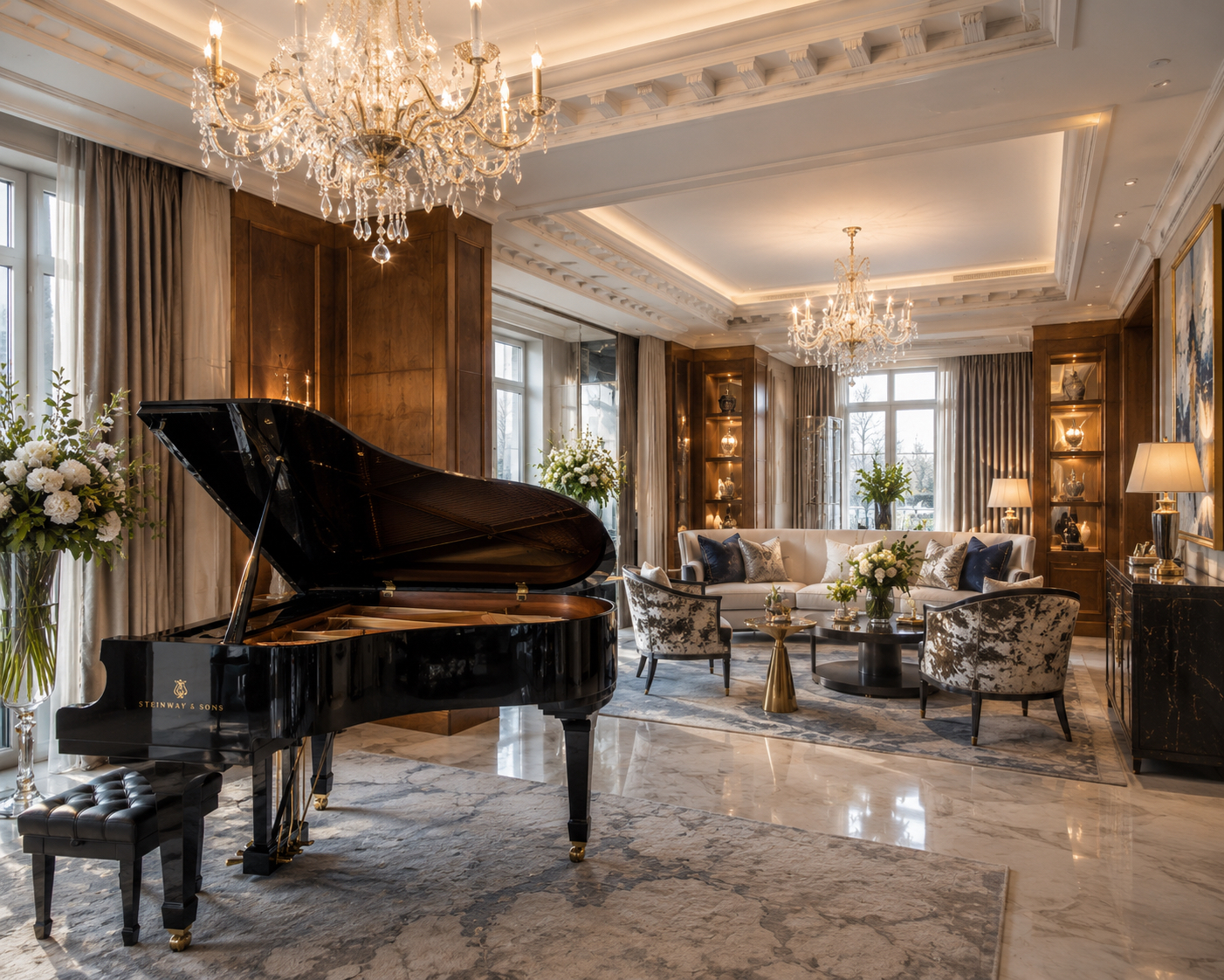 Grand salon avec piano et lustres de cristal