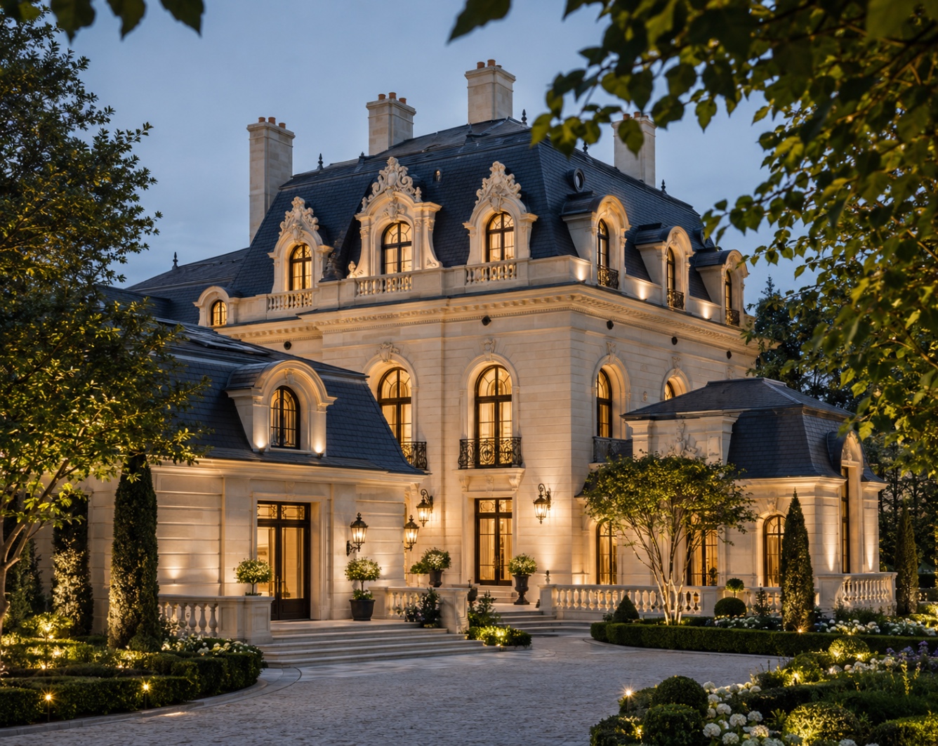 Hôtel particulier éclairé à la tombée du jour