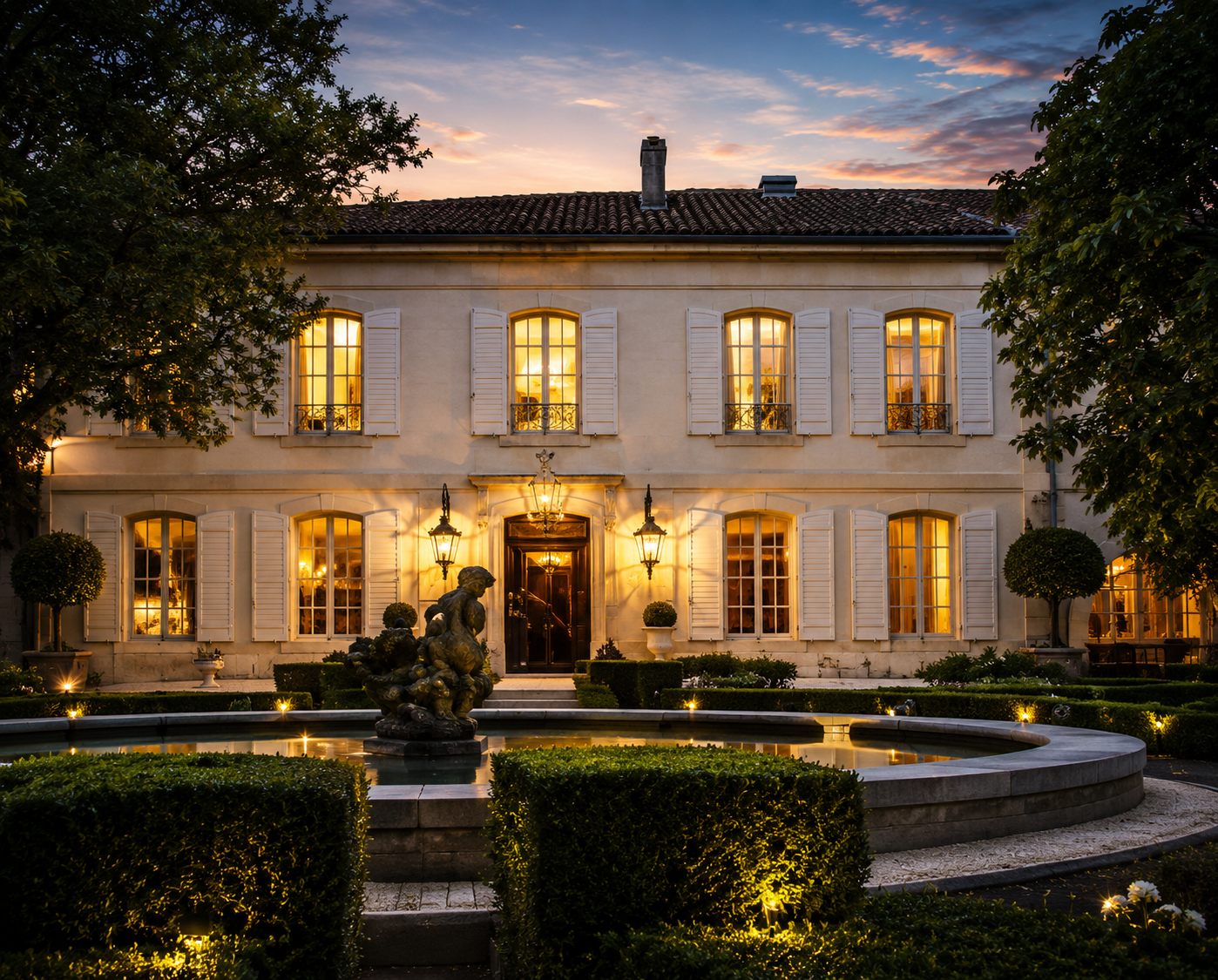 Maison de maître au crépuscule avec bassin et jardin dessiné