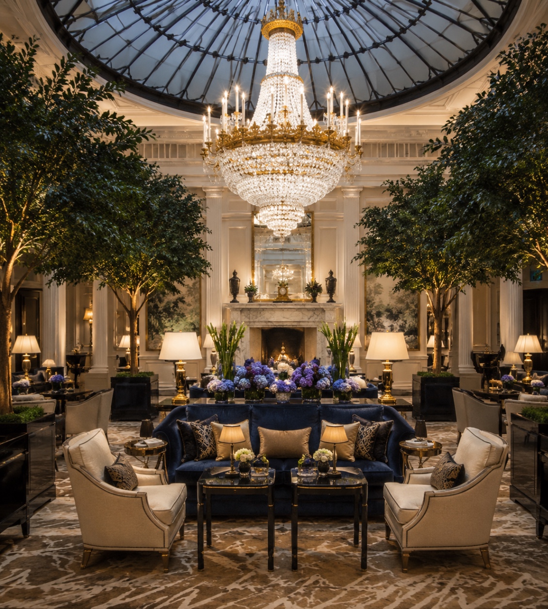 Atrium d'apparat sous verrière et grand lustre