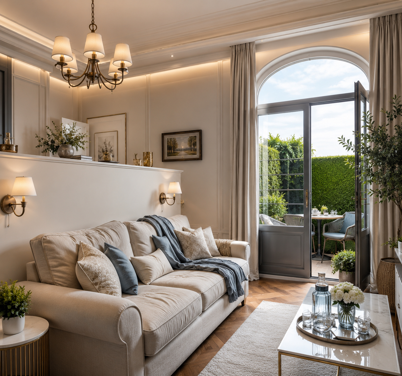 Salon classique avec terrasse intimiste